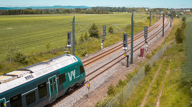 Train riding through green fields on a summer day.